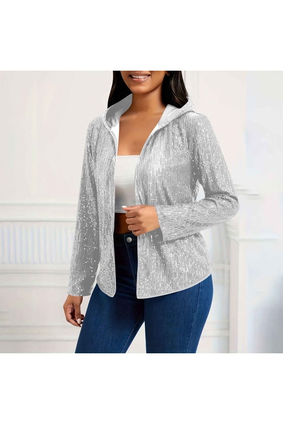 Women's Solid Color Sequin Hooded Jacket, Long Sleeve Glitter Open Front Cardigan, Sparkly Cover-Up, Casual Evening Wear, Shimmering Loungewear, Party Jacket White