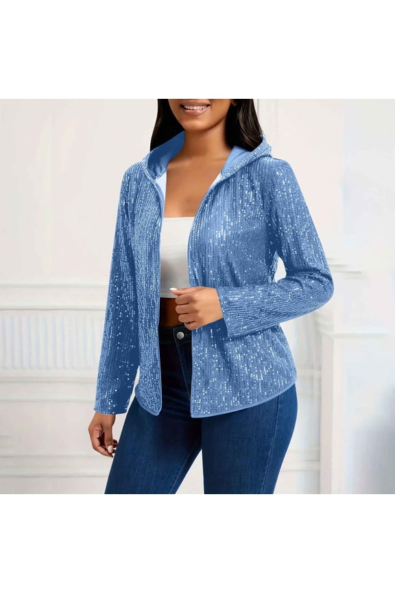 Women's Solid Color Sequin Hooded Jacket, Long Sleeve Glitter Open Front Cardigan, Sparkly Cover-Up, Casual Evening Wear, Shimmering Loungewear, Party Jacket Sky Blue