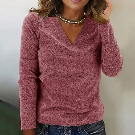 Women's Solid Color Sequin Long Sleeve T-Shirt, Spring Autumn Fashion Casual Top, Sparkle Accent Blouse, Comfortable Everyday Wear, Lightweight Glitter Tee, Seasonal Transition Basic Pink XXXXL