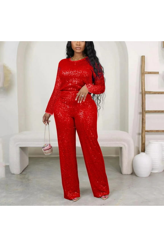 Women's Solid Color Sequin Outfit Sparkly 2 Piece Casual Sets Long Sleeve Tops Wide Leg Pants Clubwear Red M