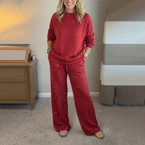 Women's Solid Color Sequin Set, 2 Piece Sparkly Sweatshirt and Pants Outfit, Lounge Wear Coordinated Set, Shiny Jogger Set, Casual Matching Set, Comfortable Two-Piece Ensemble Red