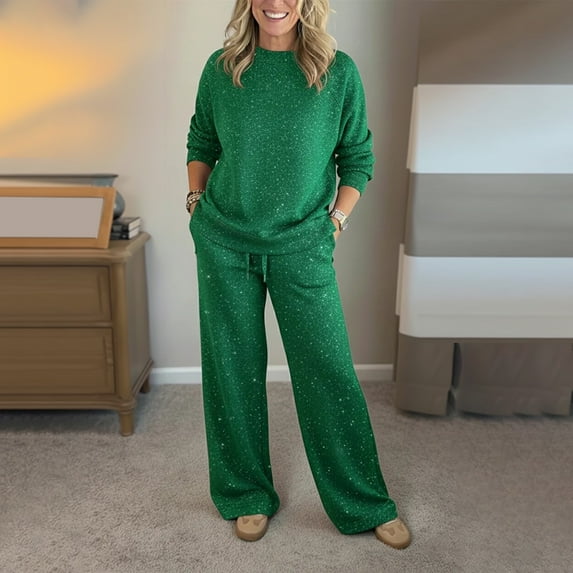 Women's Solid Color Sequin Set, 2 Piece Sparkly Sweatshirt and Pants Outfit, Lounge Wear Coordinated Set, Shiny Jogger Set, Casual Matching Set, Comfortable Two-Piece Ensemble Green