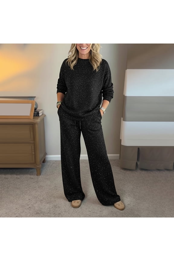 Women's Solid Color Sequin Set, 2 Piece Sparkly Sweatshirt and Pants Outfit, Lounge Wear Coordinated Set, Shiny Jogger Set, Casual Matching Set, Comfortable Two-Piece Ensemble Black