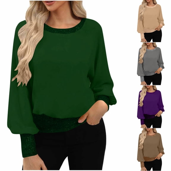 Women's Solid Color Sequins Blouse Tops Shirts Tunic Round Neck Long Sleeve Loose Fit Casual Daily Wear Business Office Party Night Out Fashion Essential Gift for Women | Sopatenor,Brown XL