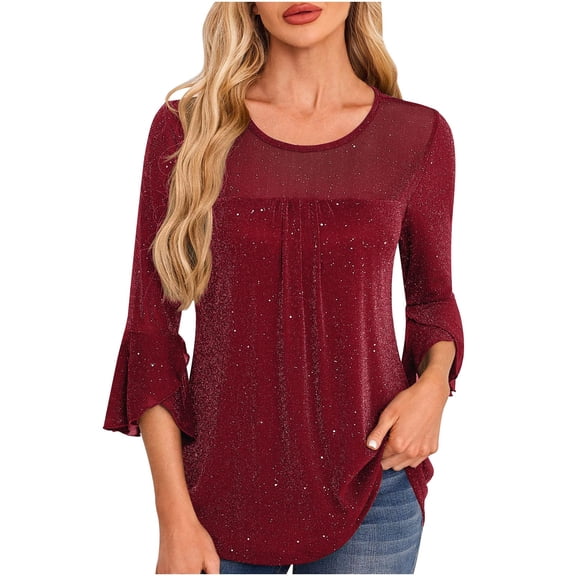 Women's Solid Color Seven Quarter Sleeved Shirt With Pleated Flared Sleeves And Round Neck Mesh Top for Elegant and Trendy Look,Red,2XL