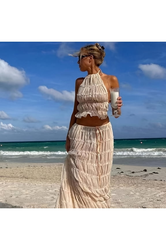 Women's Solid Color Sexy Backless Halter Tie Ruffle Lace Trim Tank Top Long Dress Set