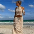 thumbnail image 1 of Women's Solid Color Sexy Backless Halter Tie Ruffle Lace Trim Tank Top Long Dress Set, 1 of 7