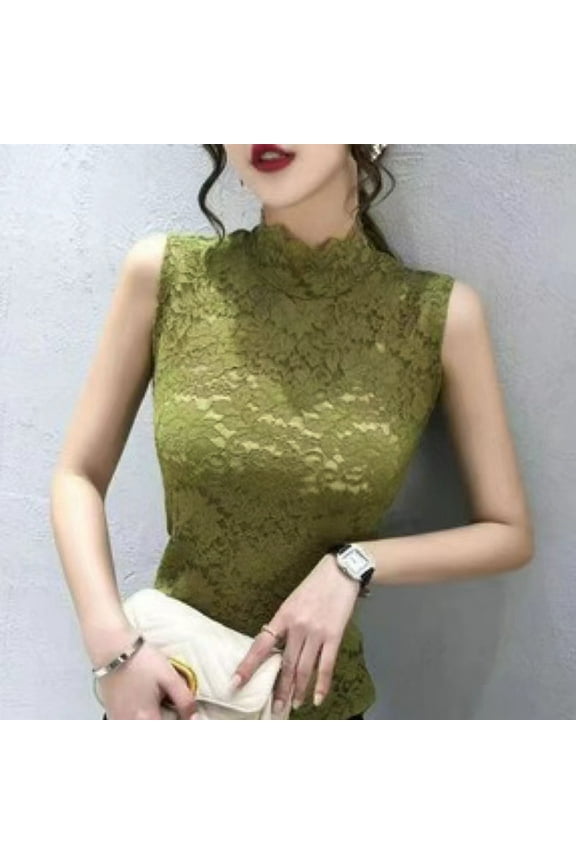 Women's Solid Color Sexy Lace High Neck Sleeveless Shirt Slim Fit Flared Sleeve Blouse Fashionable Tops Elegant Chic Feminine Party Wear Vest