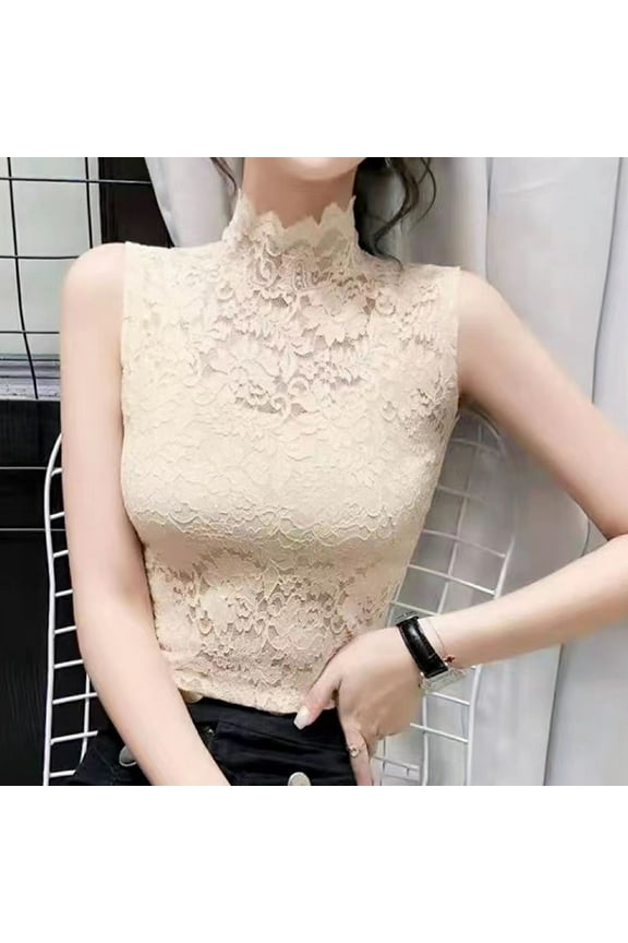 Women's Solid Color Sexy Lace High Neck Sleeveless Shirt Slim Fit Flared Sleeve Blouse Fashionable Tops Elegant Chic Feminine Party Wear Vest
