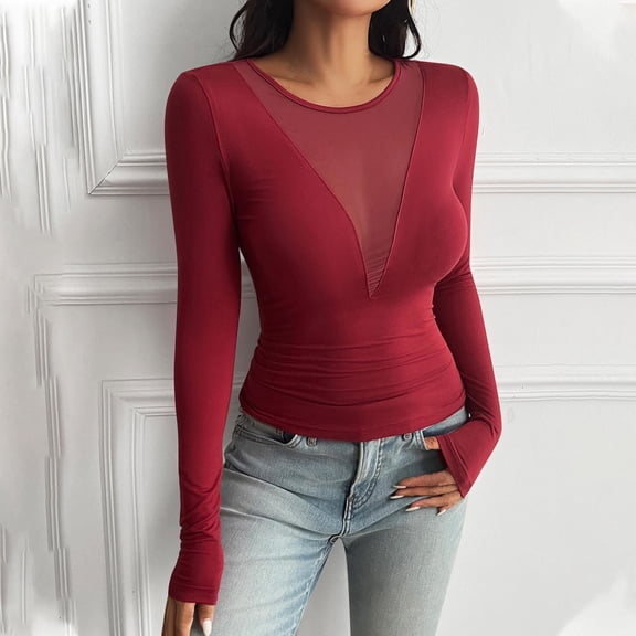 Women's Solid Color Sexy Long Sleeve Splicing Perspective Round Neck Top, Y2K Style Sheer Detail Shirt, Trendy Casual Long Sleeve Blouse for Women, Stylish See-Through Top