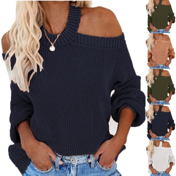 Women's Solid Color Sexy Off Shoulder Loose Knit Sweater Top for Fall Winter Evening Events,White,M
