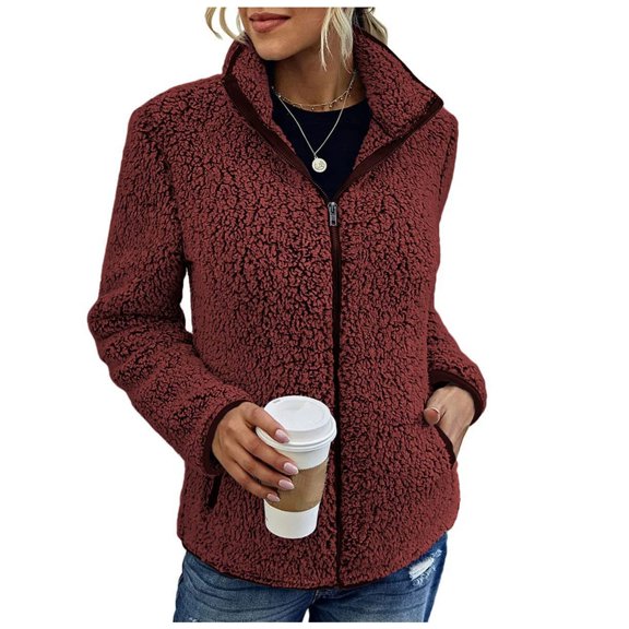 Women's Solid Color Sherpa Jacket, Cozy Fleece Lined Oversized Fit Long Sleeve Coat, Warm Plush Lining for Winter Lounge & Casual Daily OutingsWineXL
