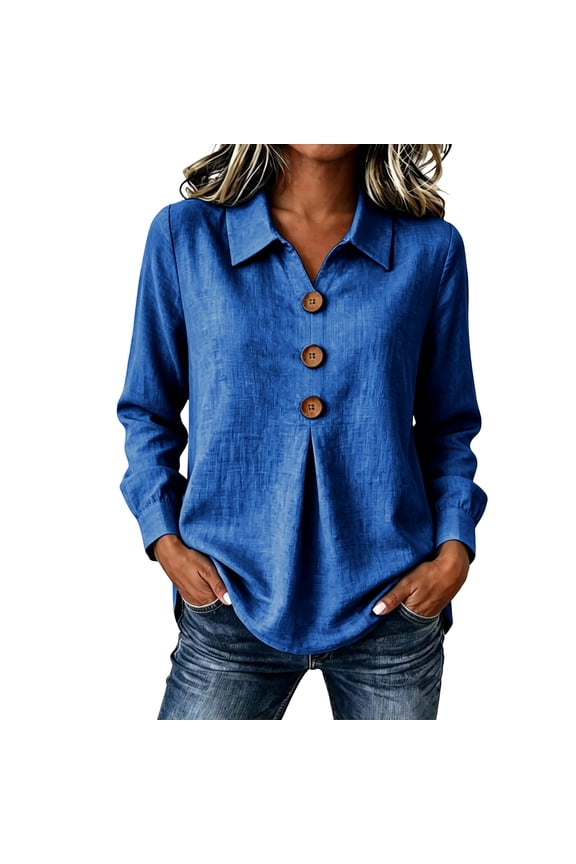 Women's Solid Color Shirts Lapel V Neck Long Sleeve Blouse Front Pleat Blouses for Women Blue L