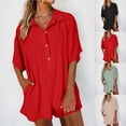 thumbnail image 1 of Women's Solid Color Short Jumpsuit, Soft Polyester, Lapel Short Sleeve Button Up, Casual & Comfortable Fit, Summer Romper with Functional | TruBelle,Green 3XL, 1 of 9