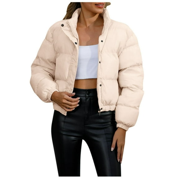 Women's Solid Color Short Padded Jacket Women's Long Sleeve High Neck Warm Coat