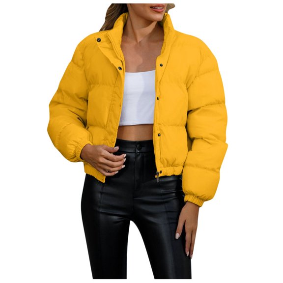 Women's Solid Color Short Padded Jacket Women's Long Sleeve High Neck Warm Coat