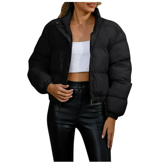 Women's Solid Color Short Padded Jacket Women's Long Sleeve High Neck Warm Coat