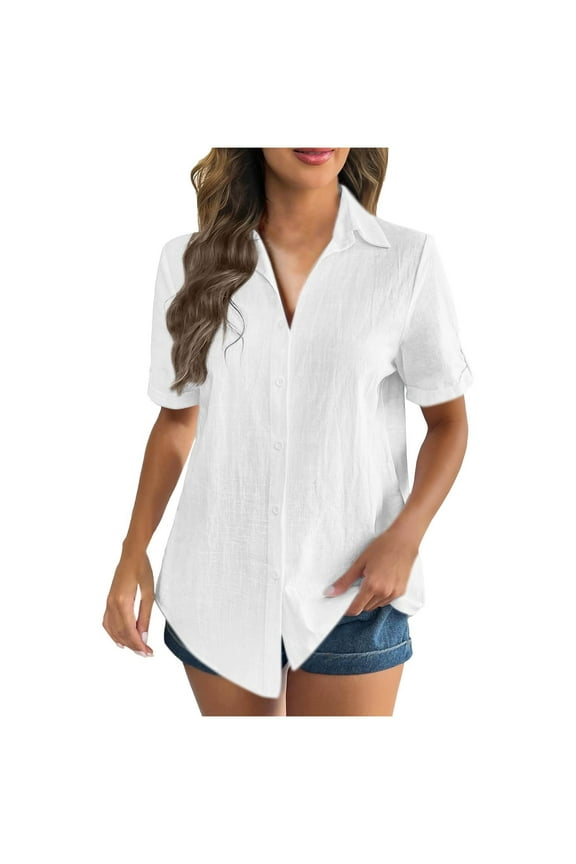 Women's Solid Color Short Sleeve Cardigan Collar Shirt, New Cotton and Linen Blouse, Casual Lightweight Button Front Top, Comfortable and Stylish Summer Shirt for Women, Versatile Everyday Wear