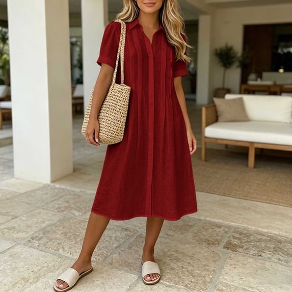 Women's Solid Color Short Sleeve Lapel Loose Dress - Casual Summer Double Layer Style