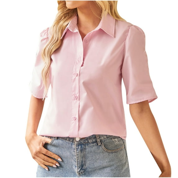 Women's Solid Color Short-Sleeve Loose Shirt Button V-Neck Solid Color Pleated Top