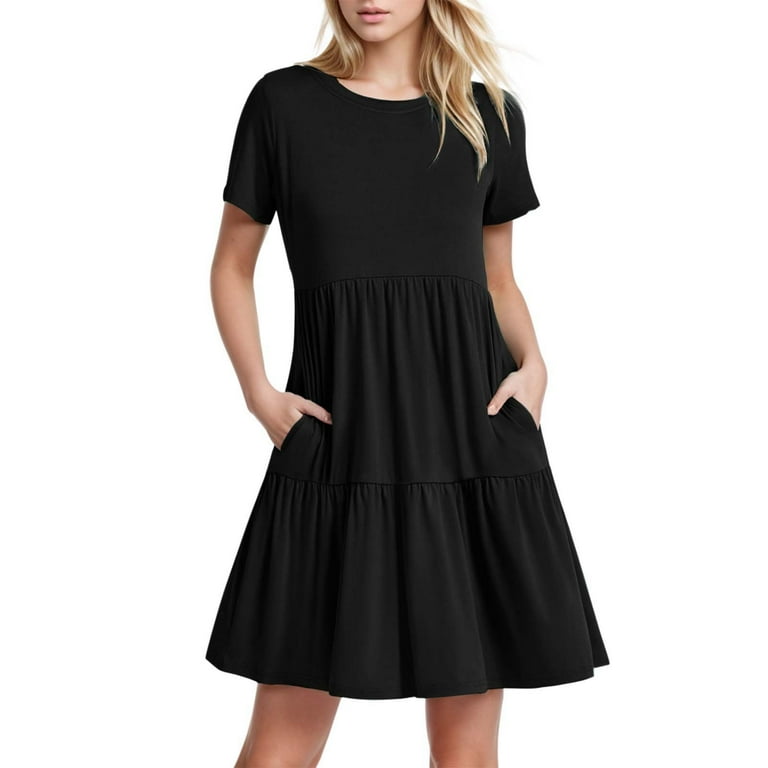 Women s Solid Color Short Sleeve Ruffled Layered Flowy Maxi Dress Athletic Dress Walmart