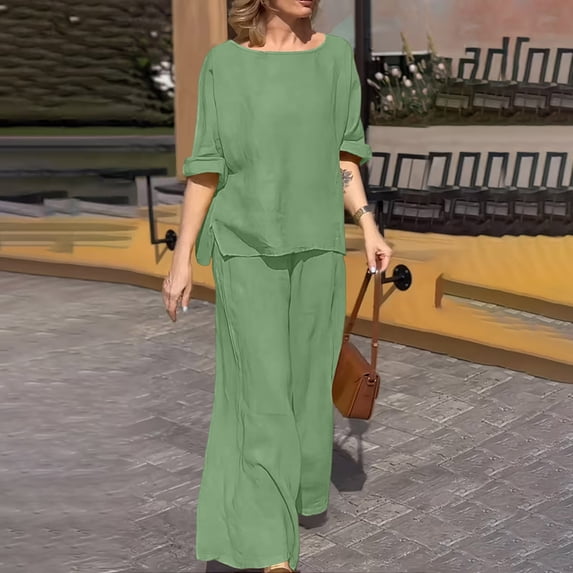 Women's Solid Color Short Sleeve Shirt And Trousers Solid Color Linen Set