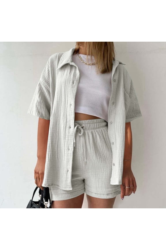 Women's Solid Color Short Sleeve Shirt & Casual Shorts 2 Piece Set Comfortable Summer Outfit Basketball Shorts Suit Cute Bathing Suit Tops Skirt Set Juniors Womens Board Shorts for Swimming Cover up
