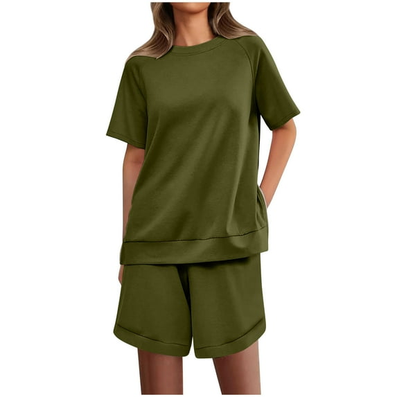 Women's Solid Color Short Sleeve Side Split Top Shorts Pants Two Piece Tracksuits Summer Workout Running Jogging Outfits Green,S