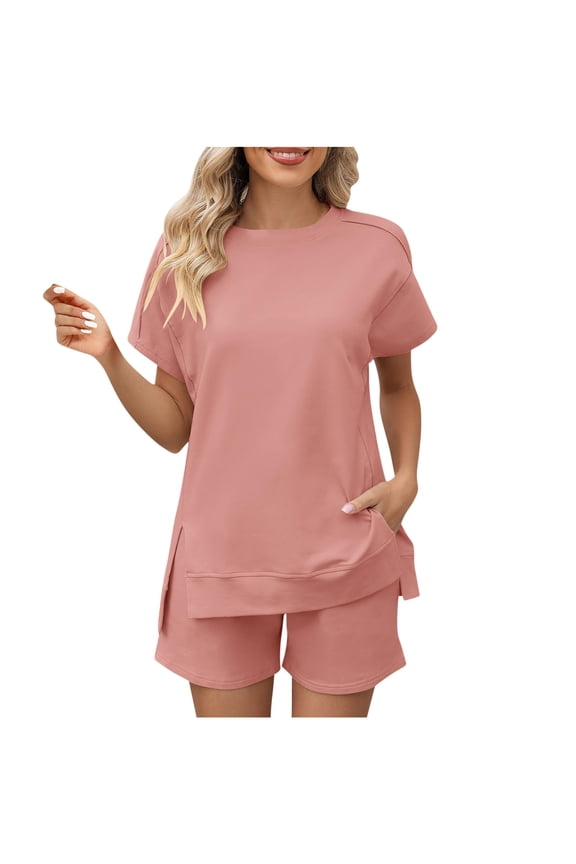 Women's Solid Color Short Sleeve Side Split Top Shorts Pants Two Piece Tracksuits Summer Workout Running Jogging Outfits Pink,XL