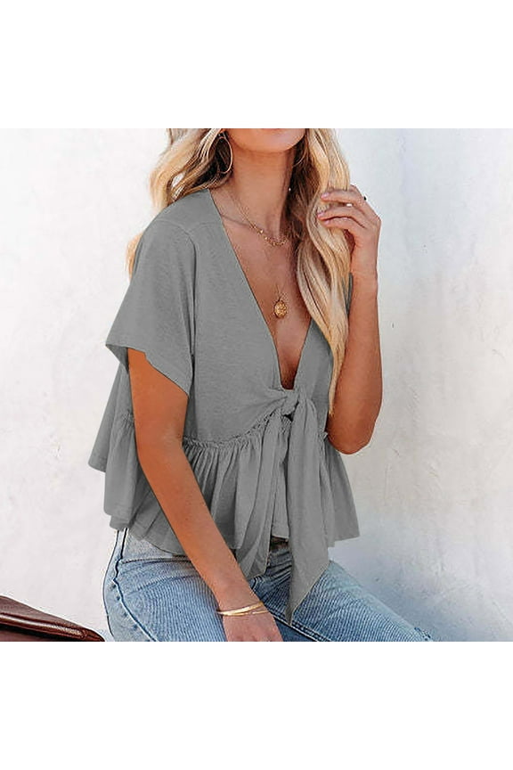 Women's Solid Color Short Sleeve Tie Front Crop Top with Ruffle Hem, Casual V-Neck Blouse for Summer, Loose Fit, Stylish and Comfortable Shirt for Daily Wear, Available in Multiple Colors and Sizes