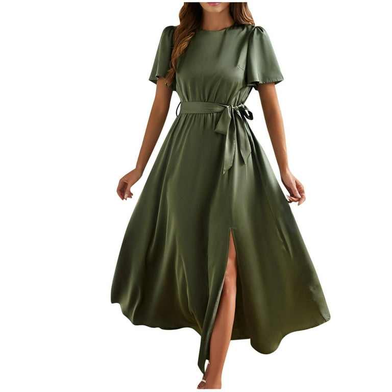 Women s Solid Color Short Sleeve V Neck Frenum Dresses Casual Tropical Resort Hawaiian 01 Army Green XL