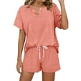 thumbnail image 1 of Women's Solid Color Short-Sleeved Casual Set, Button-Down V-Neck Top & Drawstring Tie-Up Shorts, 2-Piece Loose Lounge Outfit with Pockets – Summer Sportswear, 1 of 5