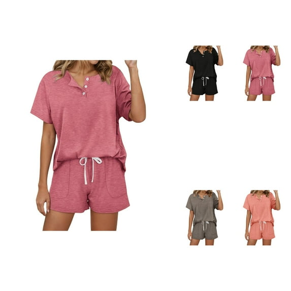 Women's Solid Color Short-Sleeved Casual Set, Button-Down V-Neck Top & Drawstring Tie-Up Shorts, 2-Piece Loose Lounge Outfit with Pockets – Summer Sportswear