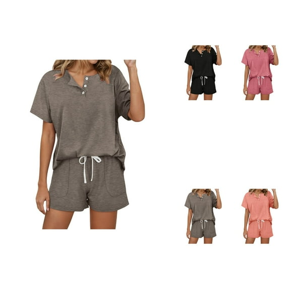 Women's Solid Color Short-Sleeved Casual Set, Button-Down V-Neck Top & Drawstring Tie-Up Shorts, 2-Piece Loose Lounge Outfit with Pockets – Summer Sportswear
