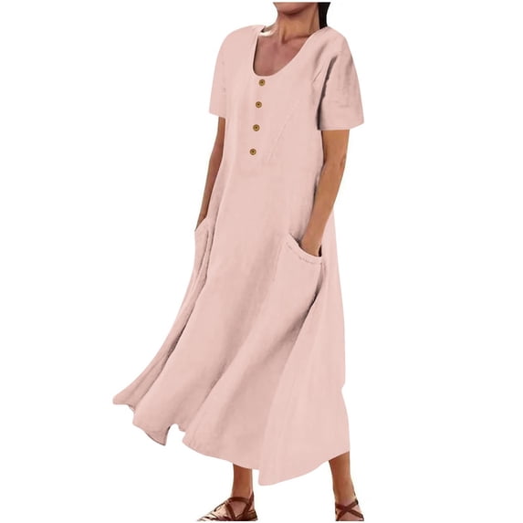Women's Solid Color Short Sleeved Linen Dress Long Skirt