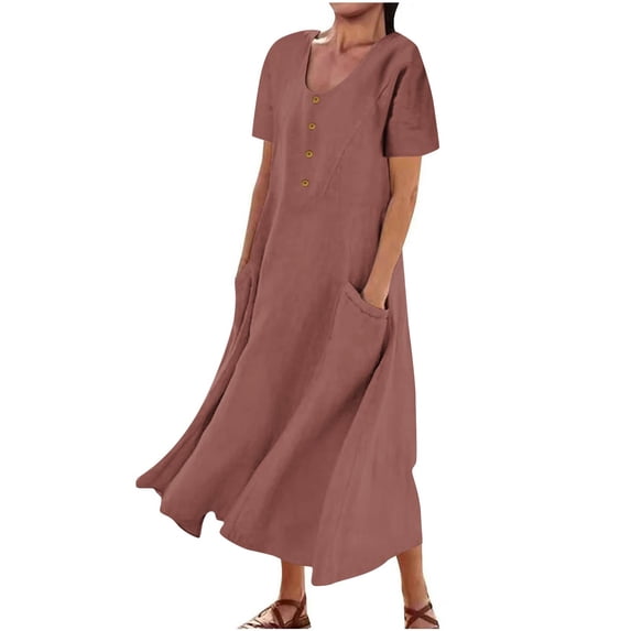 Women's Solid Color Short Sleeved Linen Dress Long Skirt