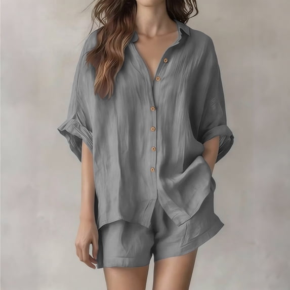 Women's Solid Color Short Sleeved Shirt And Shorts Set With Solid Color Collar Linen