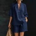 thumbnail image 1 of Women's Solid Color Short Sleeved Shirt And Shorts Solid Color V-Neck Linen Set, 1 of 8