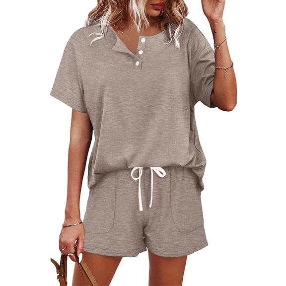 Women's Solid Color Short Sleeved Shorts Casual Set Button Drawstring Tie Up Sportswear Cover up Swimwear Women Womens Swimming Suits plus Size Fishnet Cover up Womens Jean Shorts Suit Bikini Suits