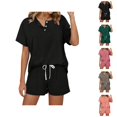 thumbnail image 1 of Women's Solid Color Short Sleeved Shorts Casual Set Button Drawstring Tie Up Sportswear, 1 of 5