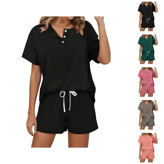 Women's Solid Color Short Sleeved Shorts Casual Set Button Drawstring Tie Up Sportswear