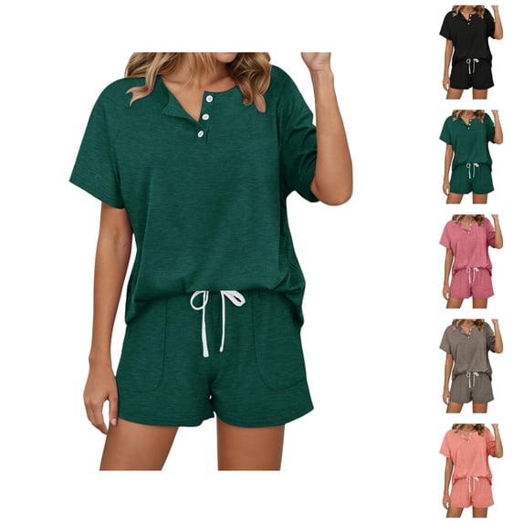 Women's Solid Color Short Sleeved Shorts Casual Set Button Drawstring Tie Up Sportswear