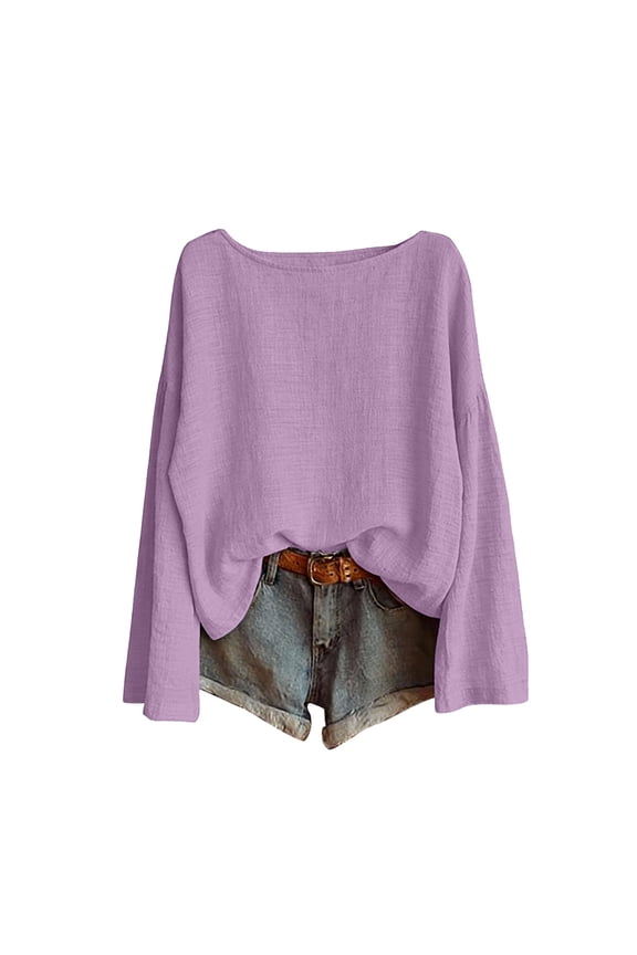 Women's Solid Color Off Shoulder Long Sleeve Cotton Linen Top, Loose Fit Casual Blouse, Lightweight and Breathable for Spring Summer Daily Wear Purple XXL