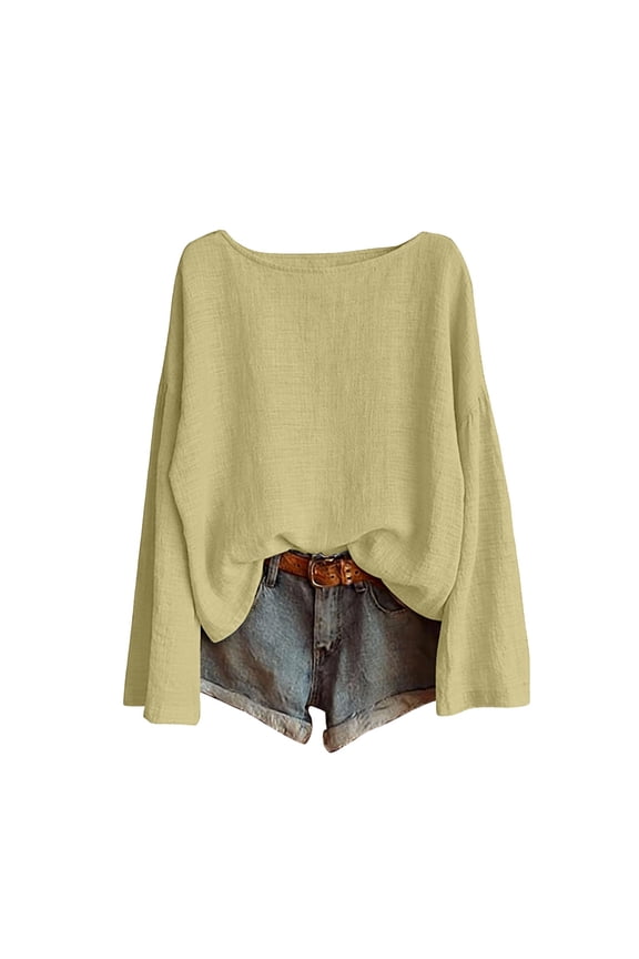 Women's Solid Color Off Shoulder Long Sleeve Cotton Linen Top, Loose Fit Casual Blouse, Lightweight and Breathable for Spring Summer Daily Wear Yellow XXL