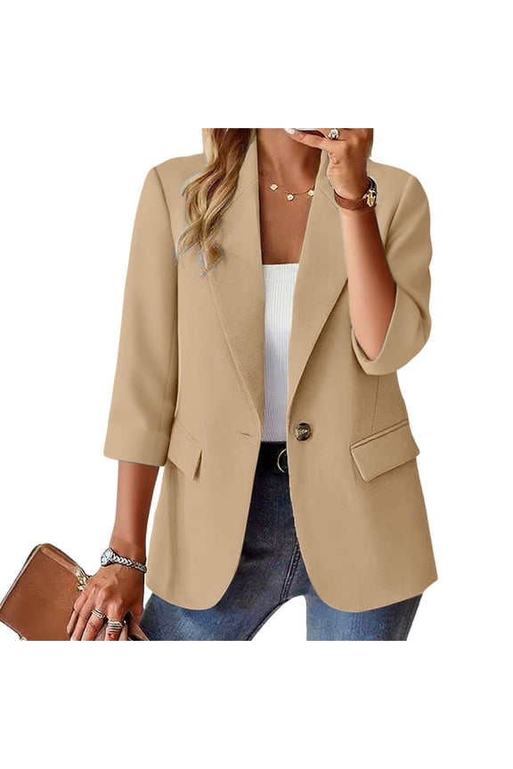 Women's Solid Color Single Button Blazer with Pockets, 3/4 Sleeve Casual Lightweight Jacket, Office or Daily Summer Wear Beige S