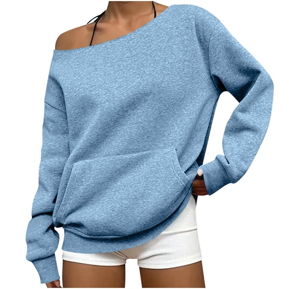 Women's Solid Color Slanted Shoulder Long Sleeve Sweatshirt Jacket Casual Top