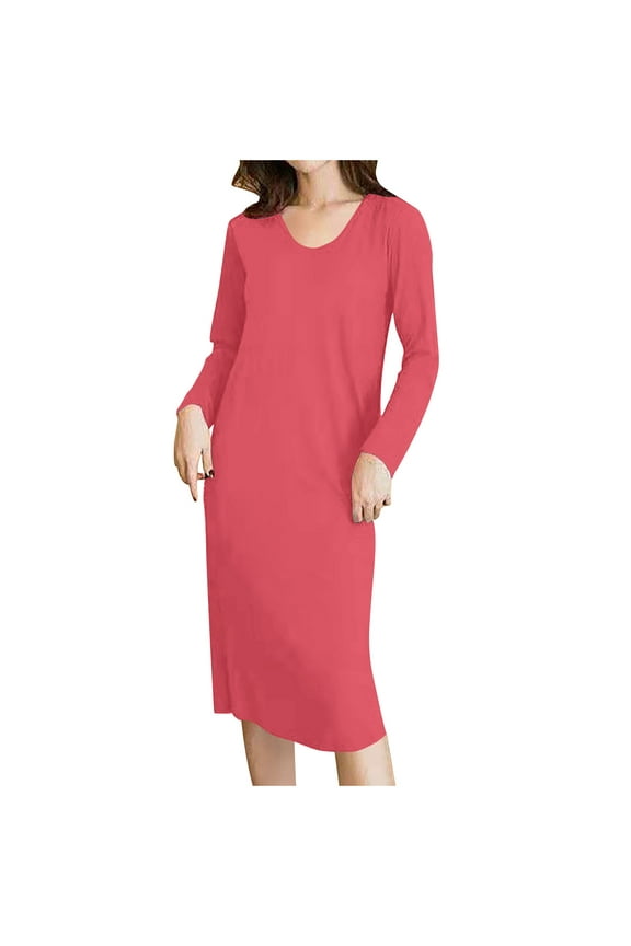 Women's Solid Color Sleepwear with Chest Cushion Women Long Sleeved Mid Length Nightgown and Casual Suitable for Outdoor Home Wear Red M