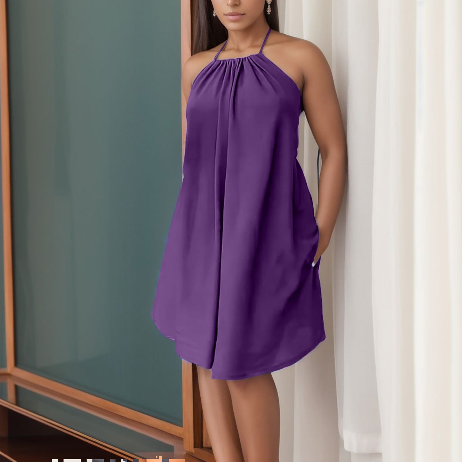 Women's Solid Color Sleeveless Backless Dress With Waist Tie And Halter