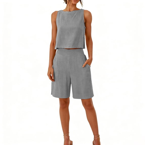 Women's Solid Color Sleeveless Crop Top Bermuda Shorts Set,Pockets High Waist Linen-Look Outfit,Loose Fit Breathable Casual Two-Piece Set for Summer Daily Wear Dark Gray S