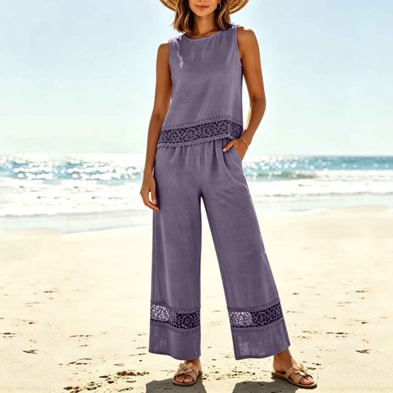 Women's Solid Color Sleeveless Crop Top With Lace Wide Leg Pants Beach Travel Set